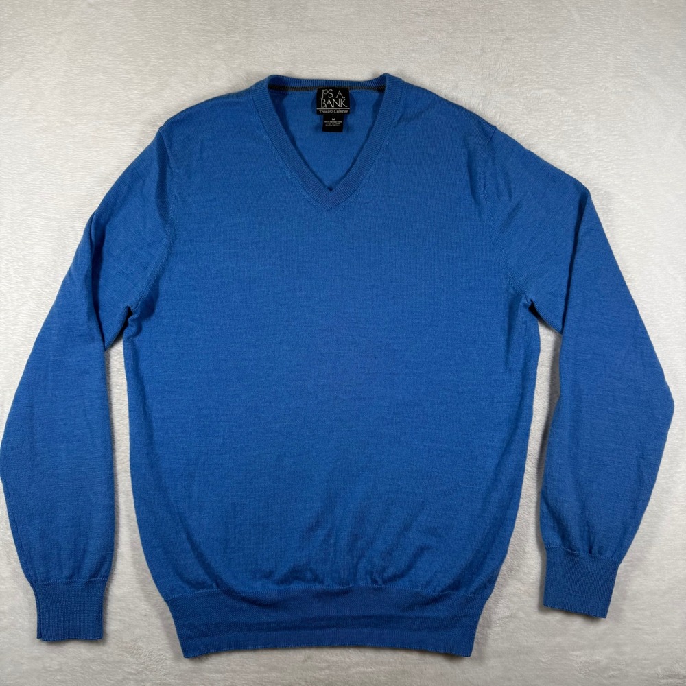 Jos A Bank Travelers Collection Mens Blue Merino Wool V-Neck Sweater M